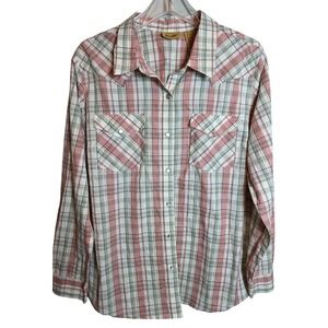 Wrangler Women XL Plaid Long Sleeve Snap Front‎ Western Shirt Pink Green White